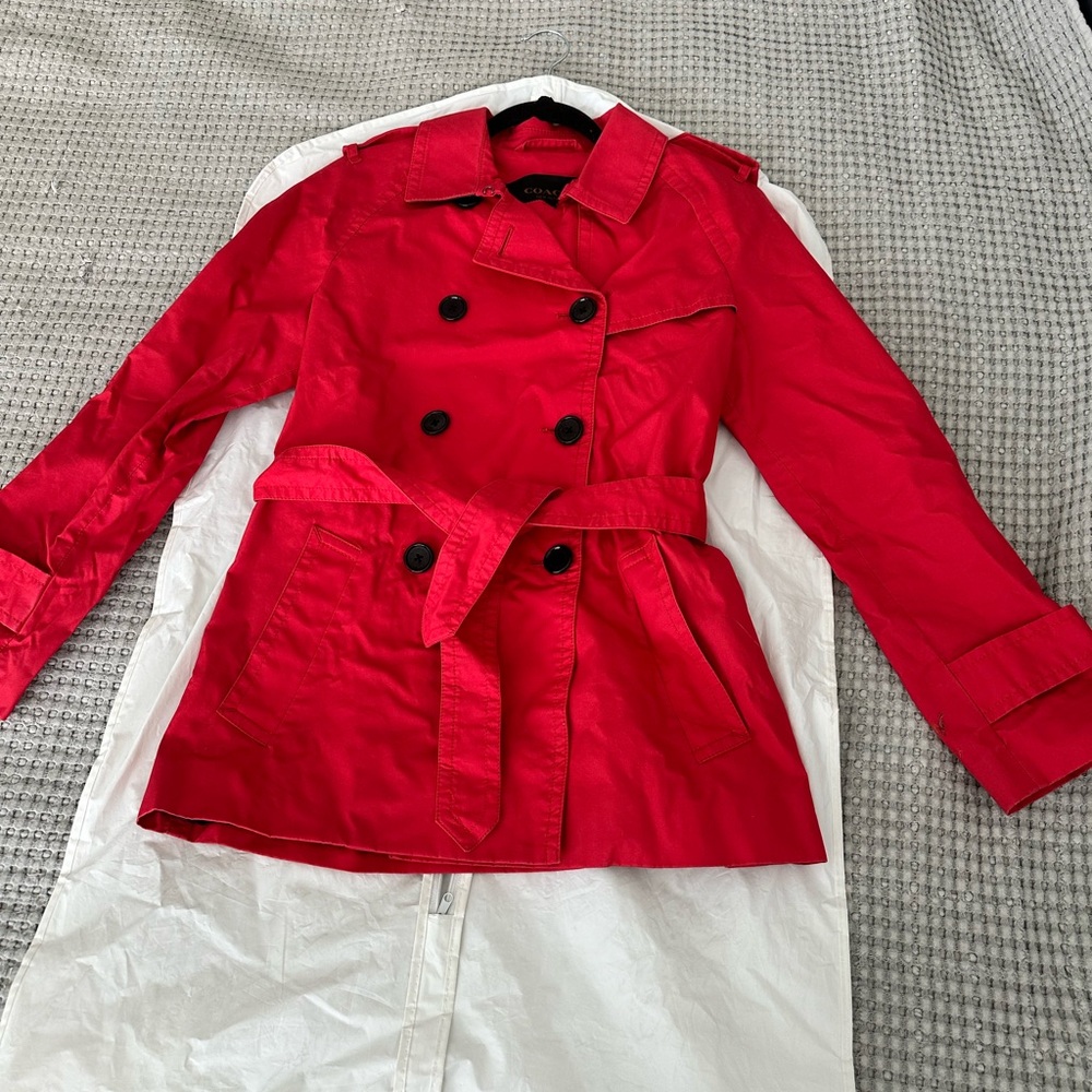 Coach Red Double-Breasted Trench Coat with Belt